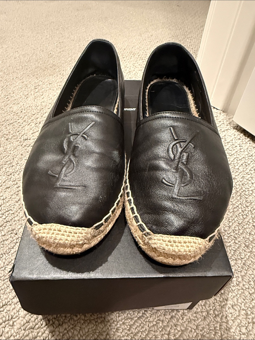 Yves Saint Laurent Black Leather Espadrille Slip-Ons with Jute Trim